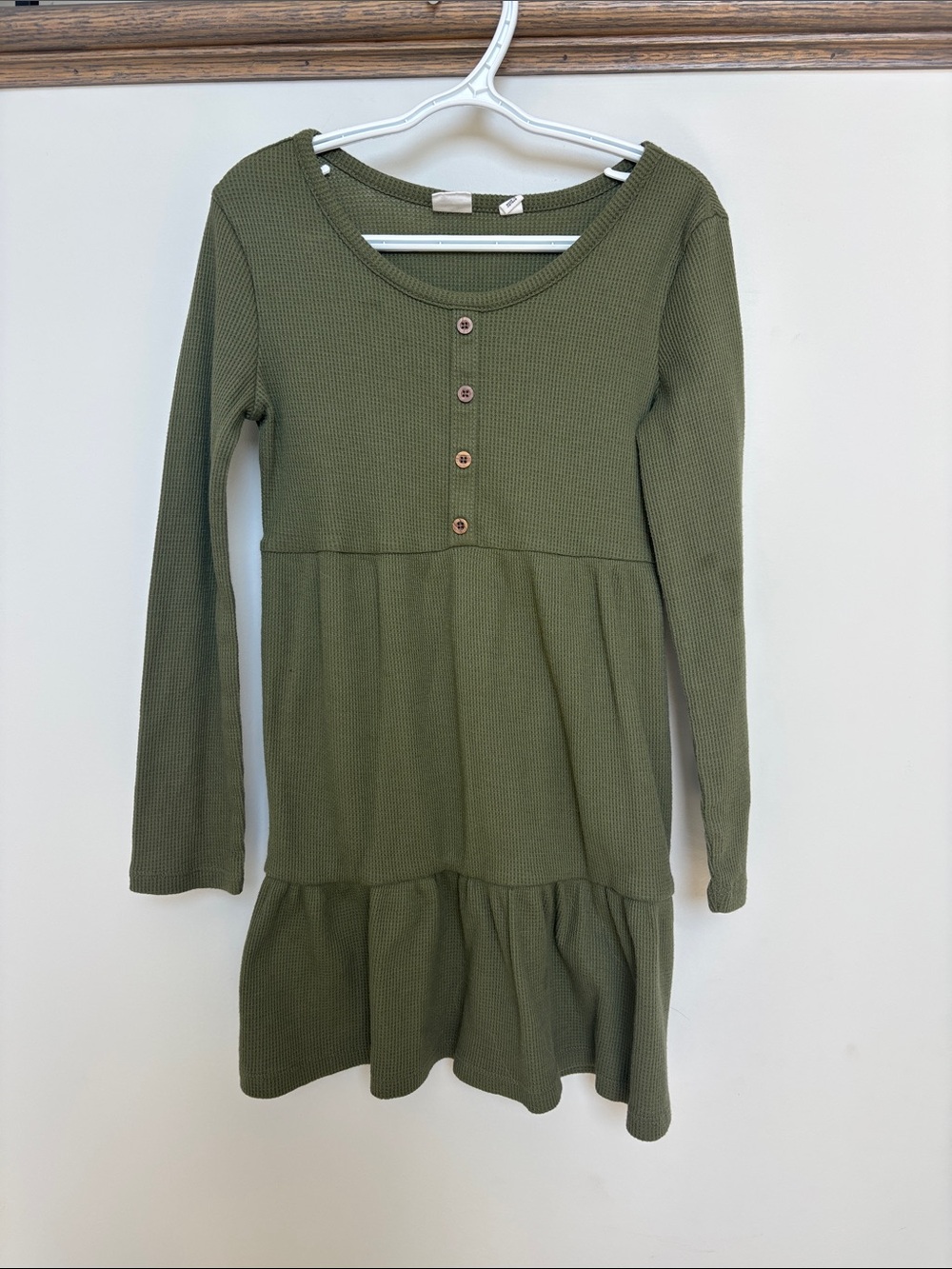 GAP Olive Green Waffle Knit Long-Sleeve Tiered Dress